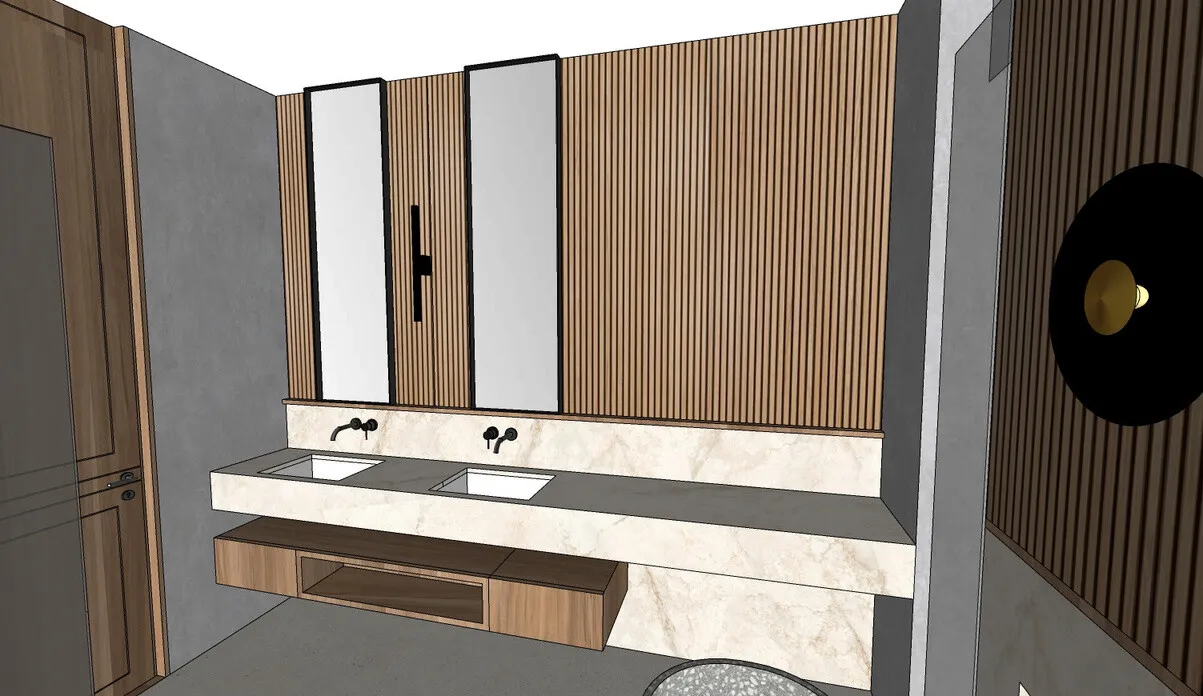 3D plan: floor-to-ceiling slatted teak panelling with a floating teak vanity and framed mirrors.