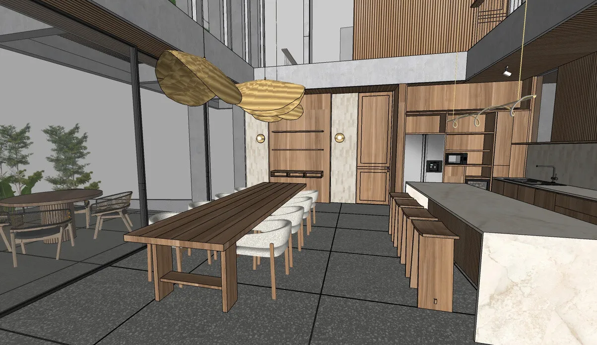 3D plan: teak dining table and wall joinery in the double-height dining room.