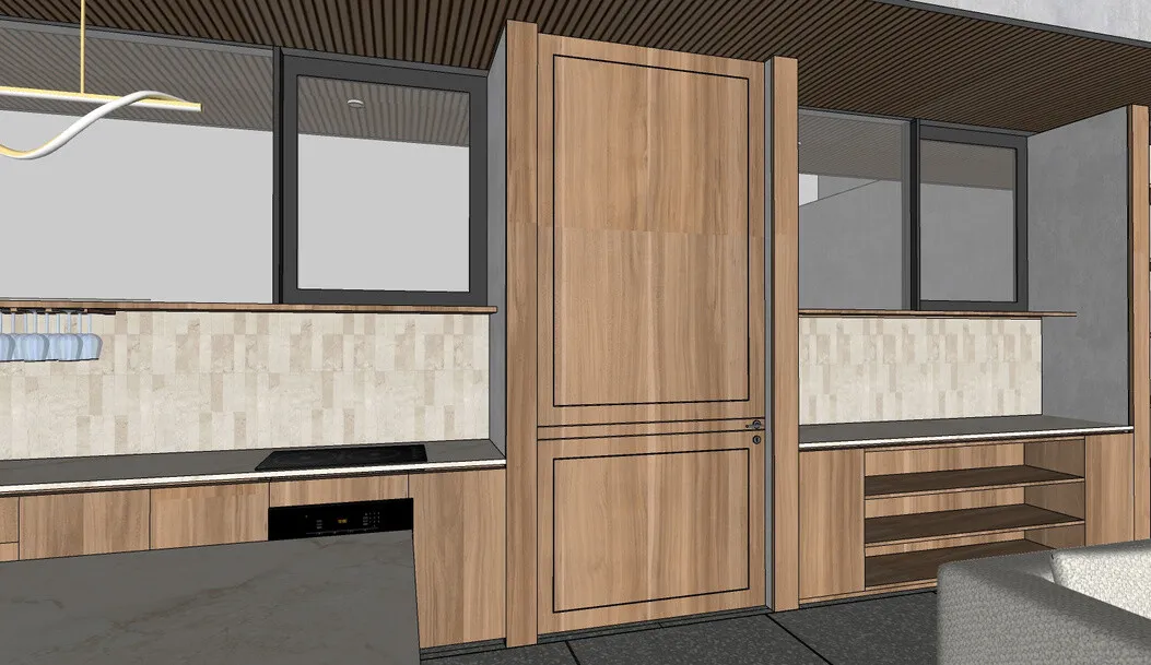 3D plan: full-height solid teak door with teak frame, set under the slatted ceiling.