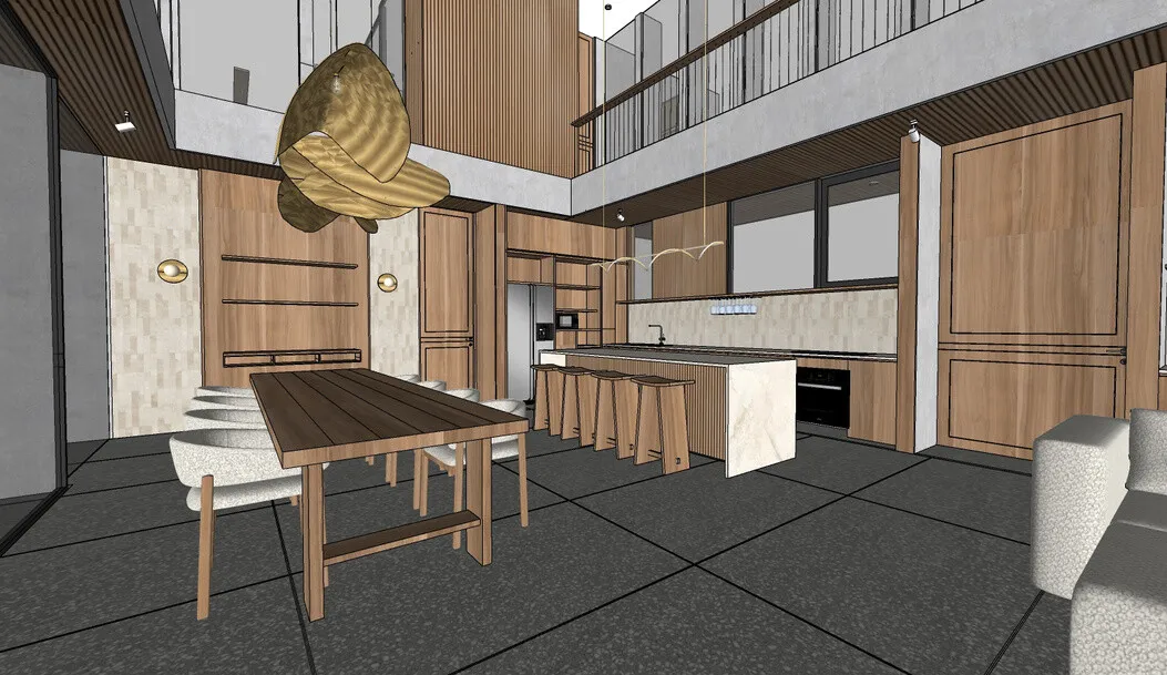 3D plan: tall kitchen joinery, teak island and dining table in the double-height living area.