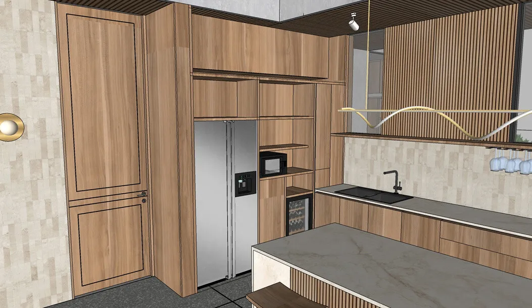 3D plan: floor-to-ceiling teak kitchen joinery with open shelving and integrated appliances.