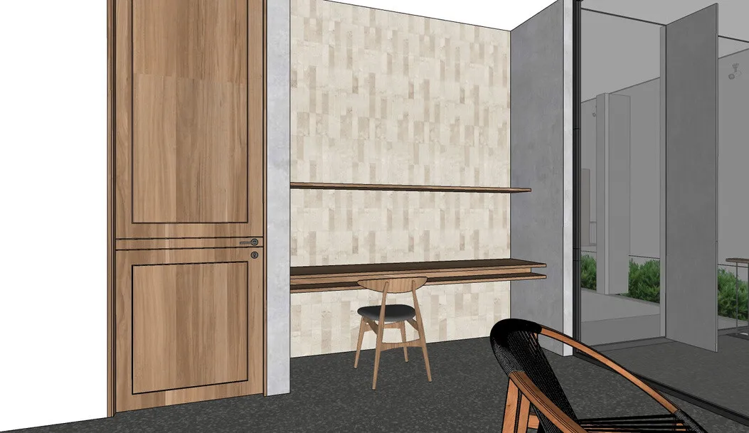 3D plan: wall-mounted teak desk and shelf beside a full-height teak door.