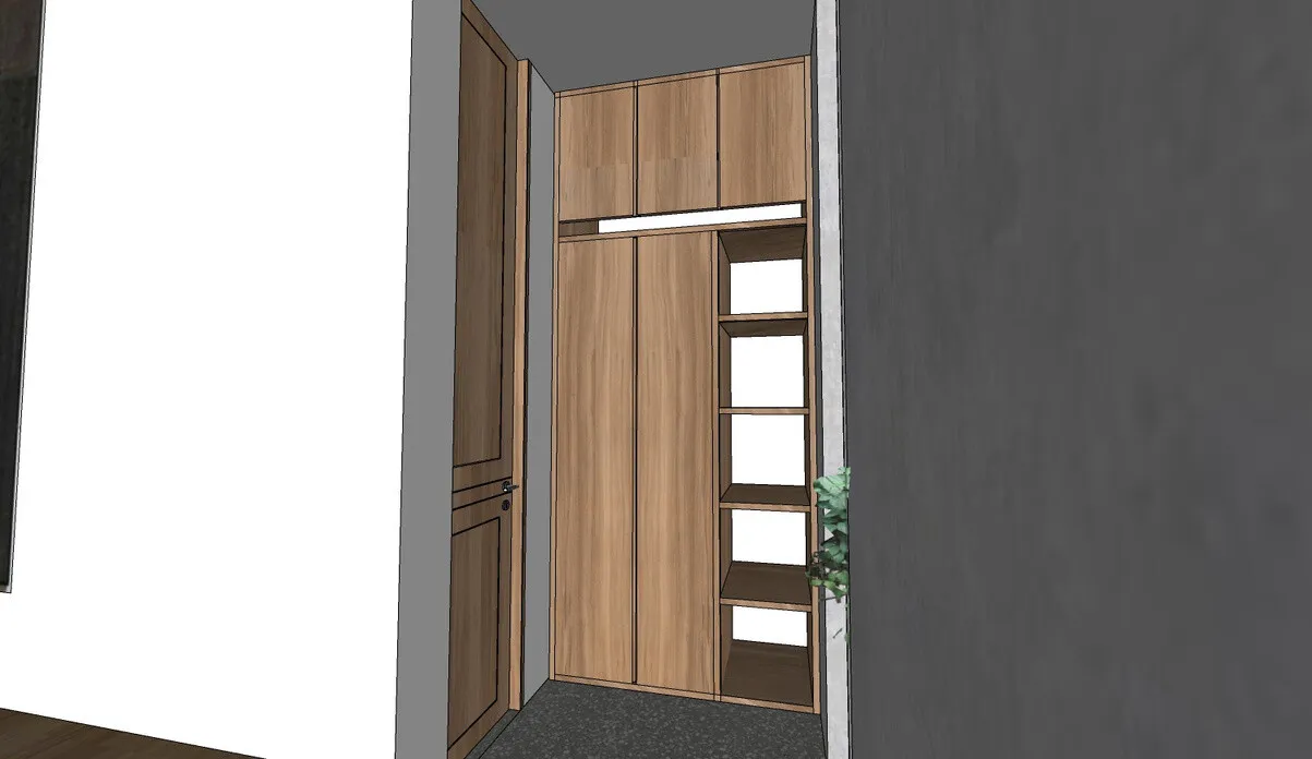 3D plan: full-height teak wardrobe with open shelving, fitted between walls.