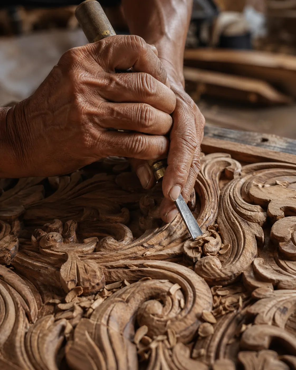 Close-up of a craftsman's hands working teak at Gede's workshop in Dalung, Bali