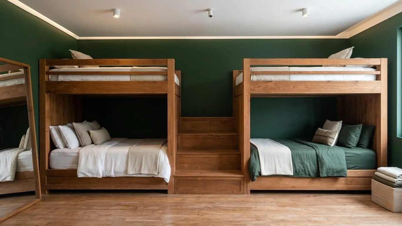 Two built-in teak bunk beds with steps in a family bedroom.