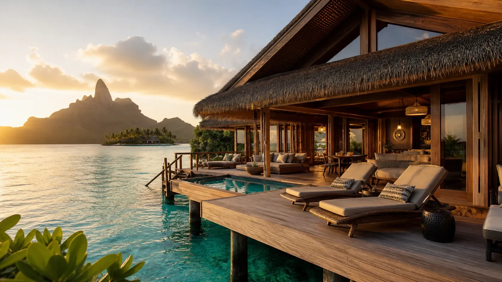 Bora Bora overwater villa, marine-grade Bali furniture for French Polynesia