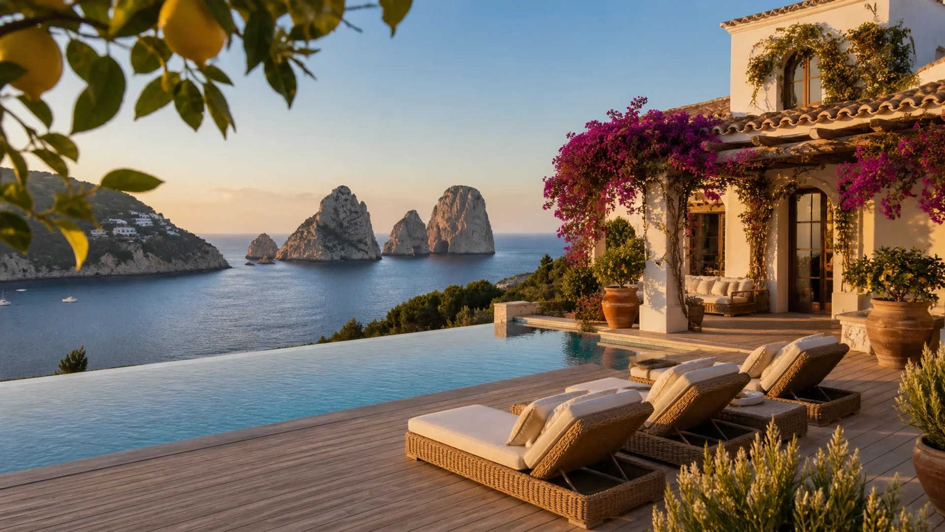 Capri villa with Faraglioni rocks, Bali furniture delivery via Naples