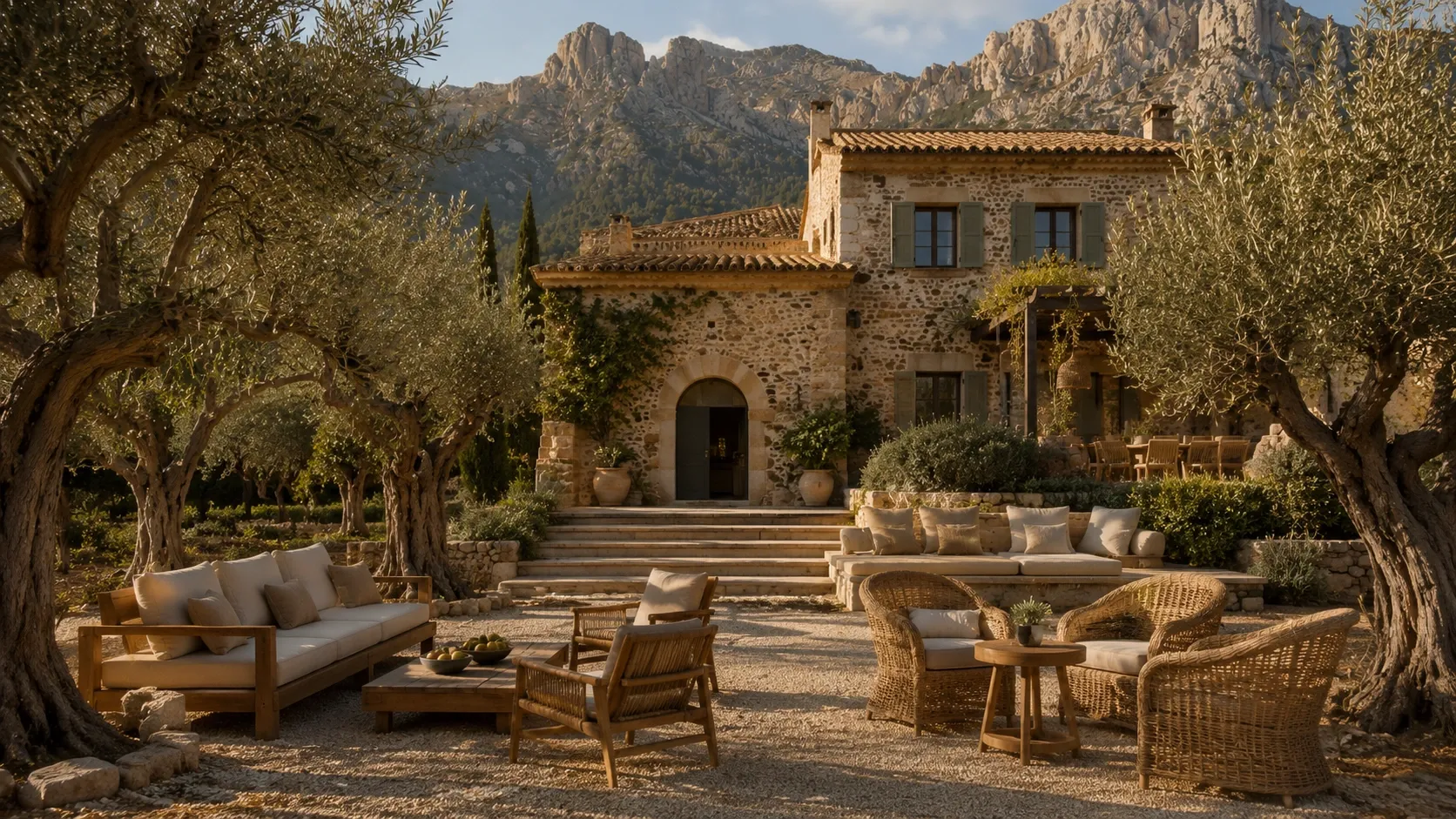 Mallorcan finca framed by olive grove, Bali furniture delivery to the Balearic Islands