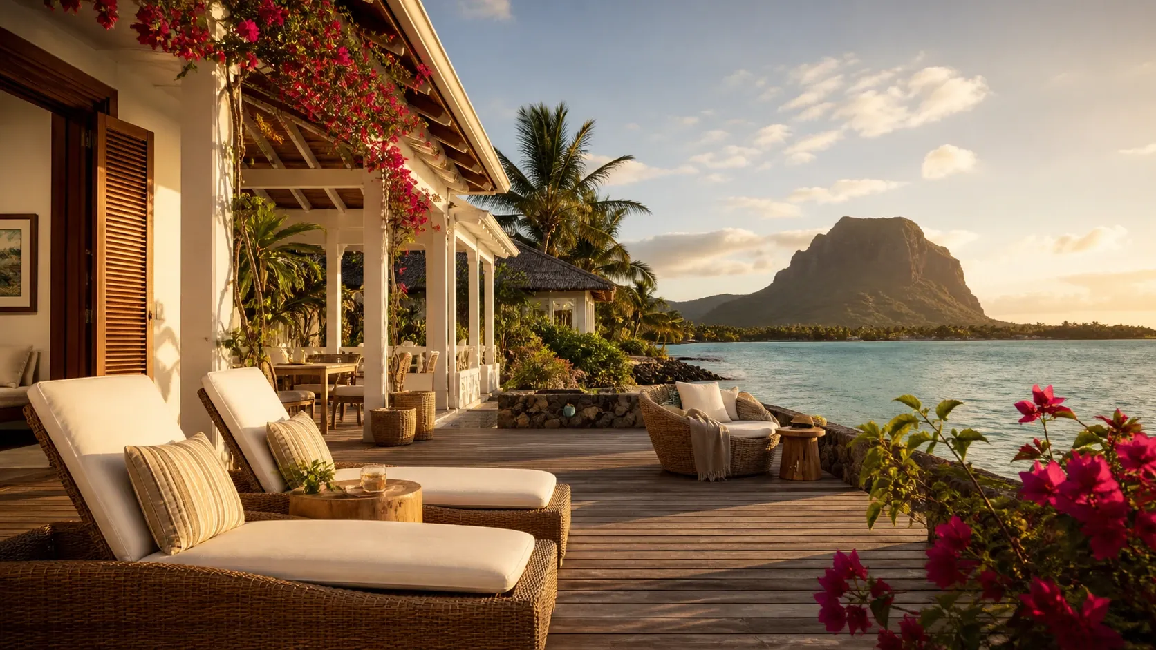 Mauritius lagoon villa, cyclone-grade Bali furniture via Port Louis