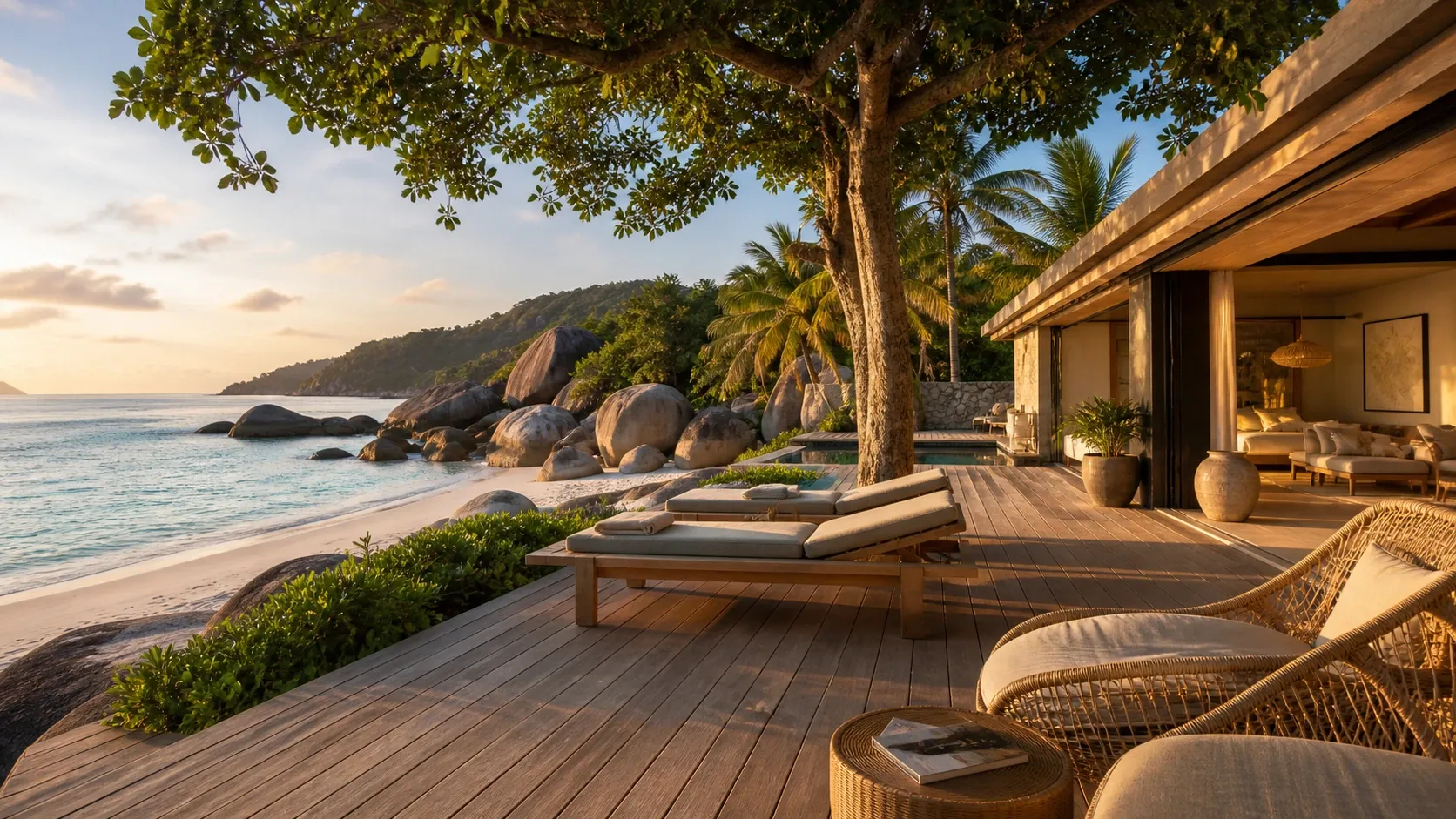 Seychelles granite coastline, marine-grade Bali furniture for Indian Ocean resorts