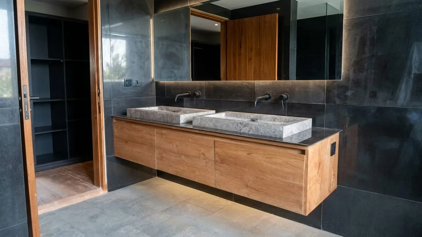 Floating teak vanity with two stone basins.