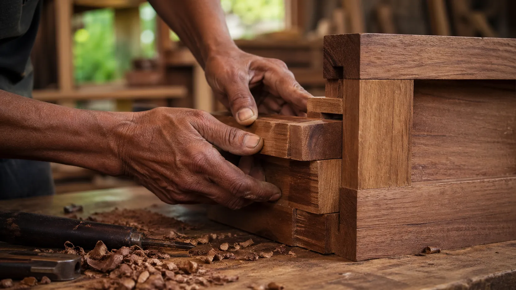 Hands assembling a teak joint at the workshop in Dalung, Bali — master craftsman teak joinery