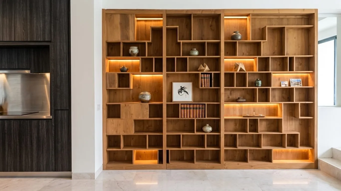 Teak library wall with staggered shelving and integrated lighting.