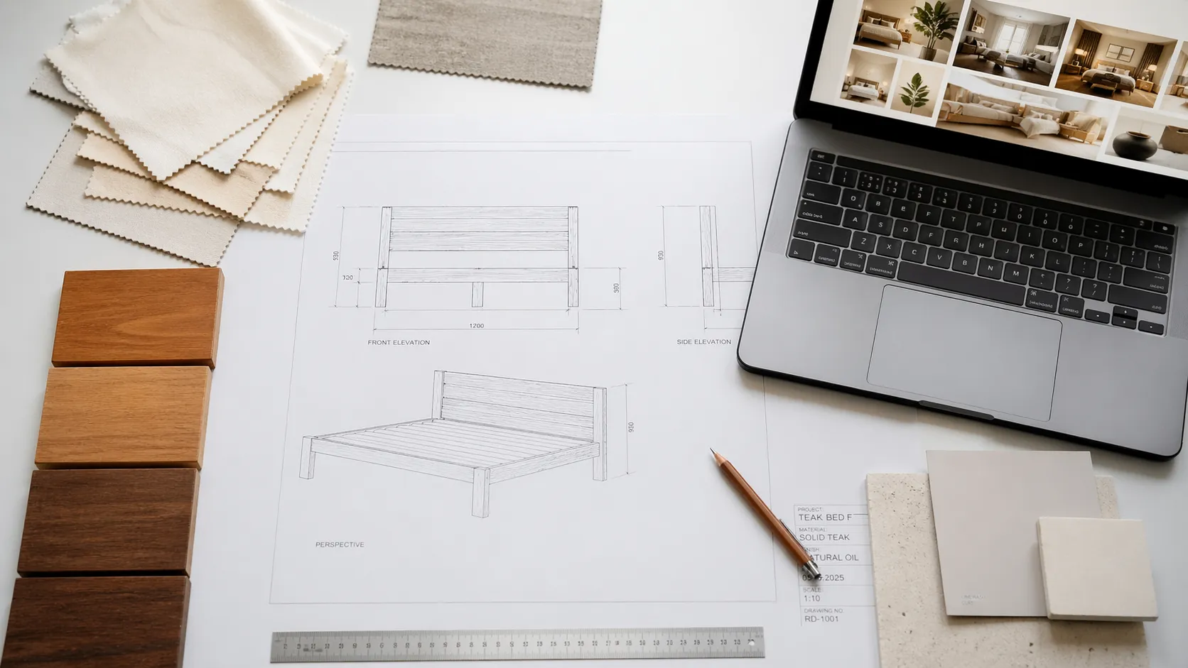 Design brief session — reviewing furniture specifications and material samples for a hotel project