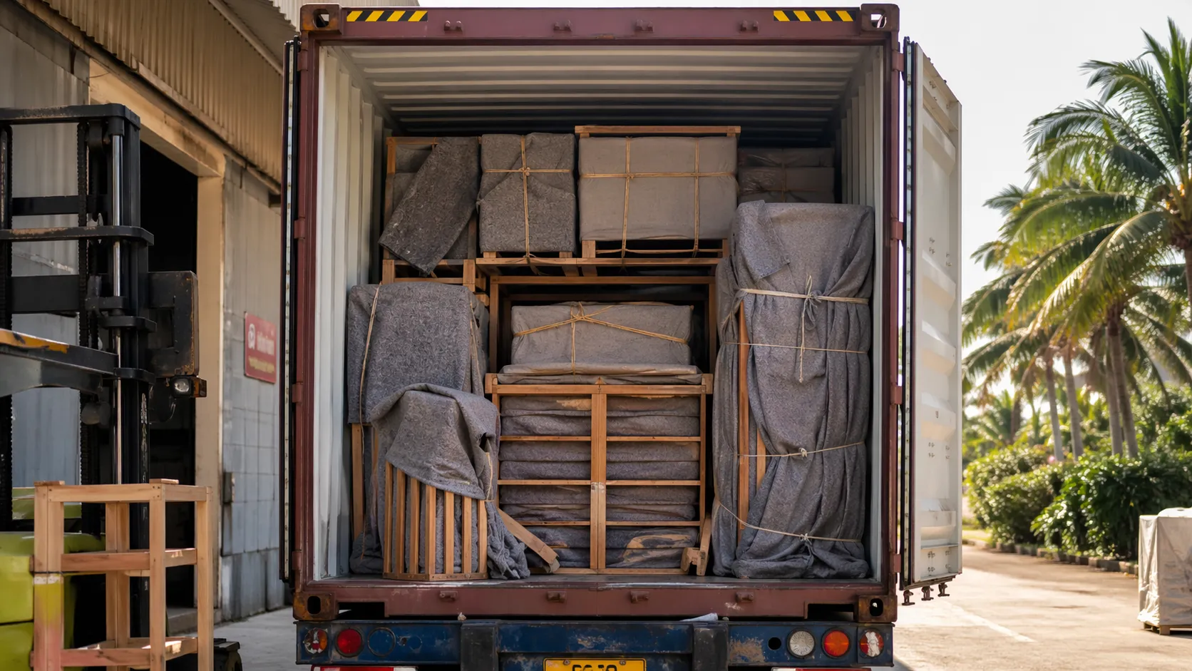 Furniture container being loaded at Benoa port, Bali for international sea freight