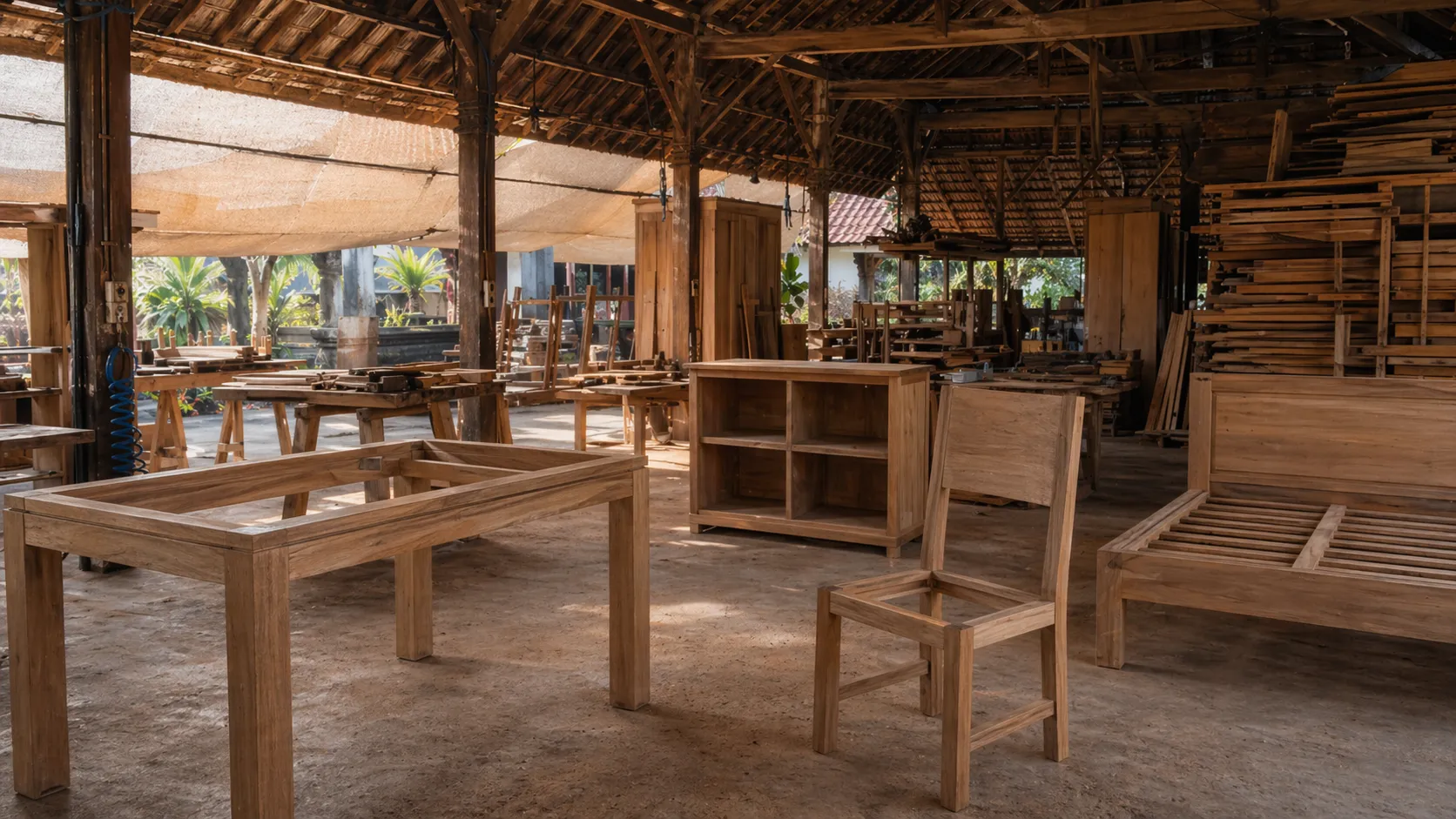 Furniture production at our workshop in Dalung, Bali — teak joinery in progress