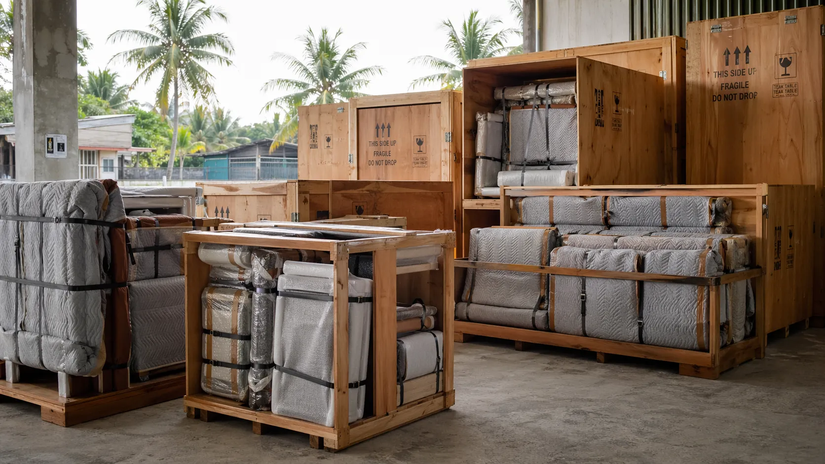 Quality control and container loading — furniture inspection before sea freight from Bali
