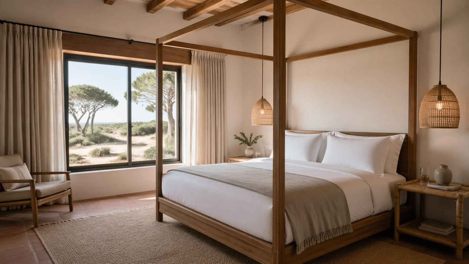 Boutique hotel room with canopy bed and pine forest view — bespoke Balinese furniture delivered by container from Bali