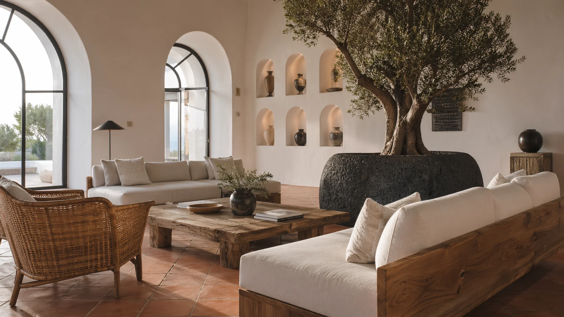 Ibiza resort terrace furnished with teak and rattan pieces made in the Bali workshop