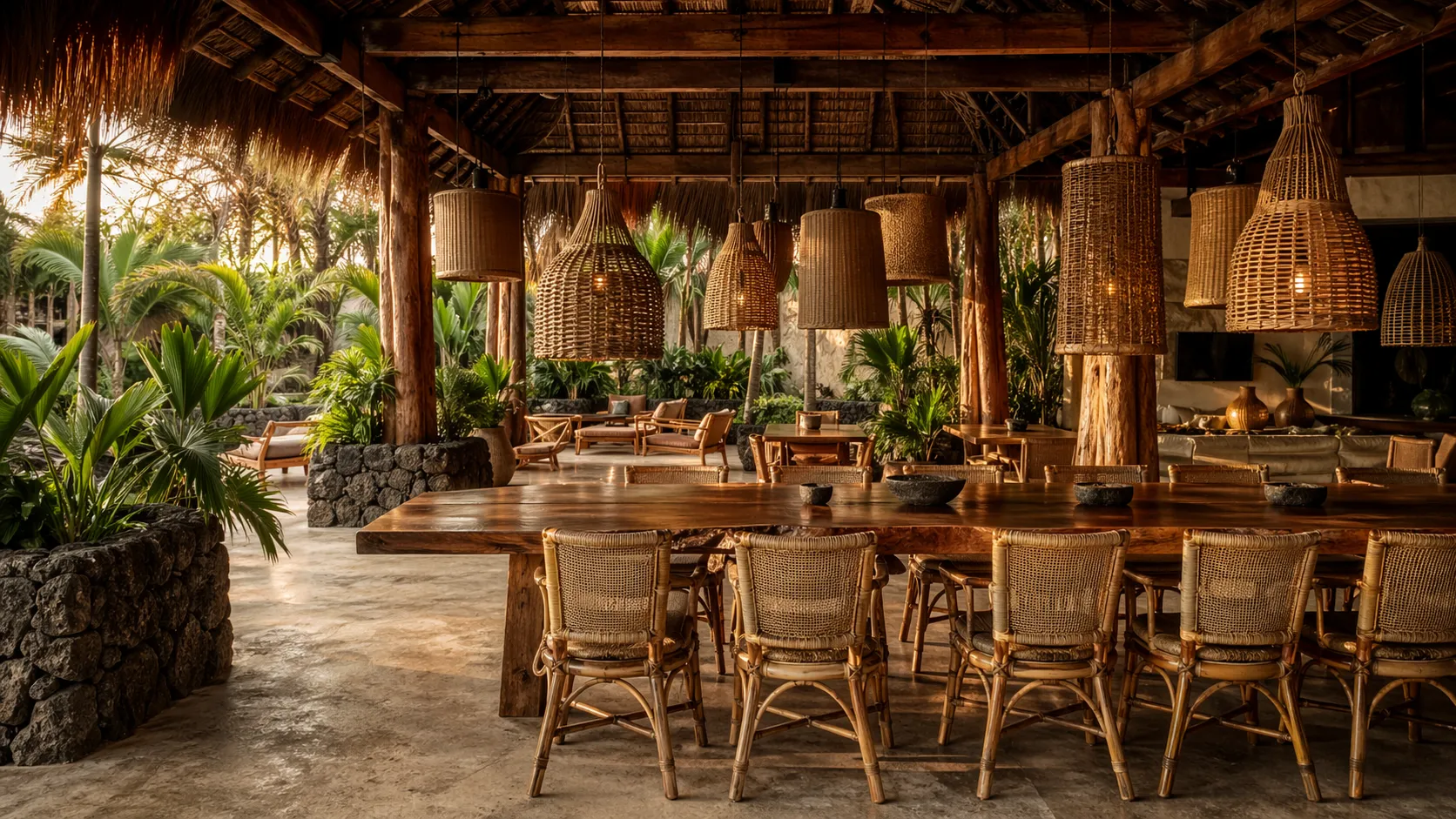 Beach club restaurant, Tulum — 120-piece rattan and teak fit-out for a 200-cover venue by Ubud Atelier