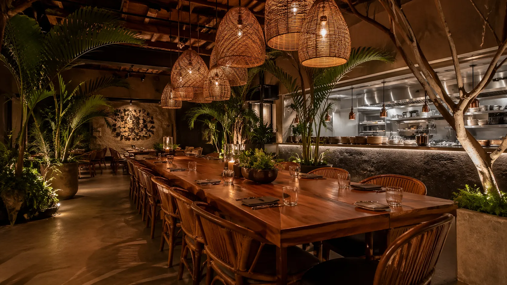 Beach club restaurant — commercial-grade rattan dining chairs and teak tables from Bali