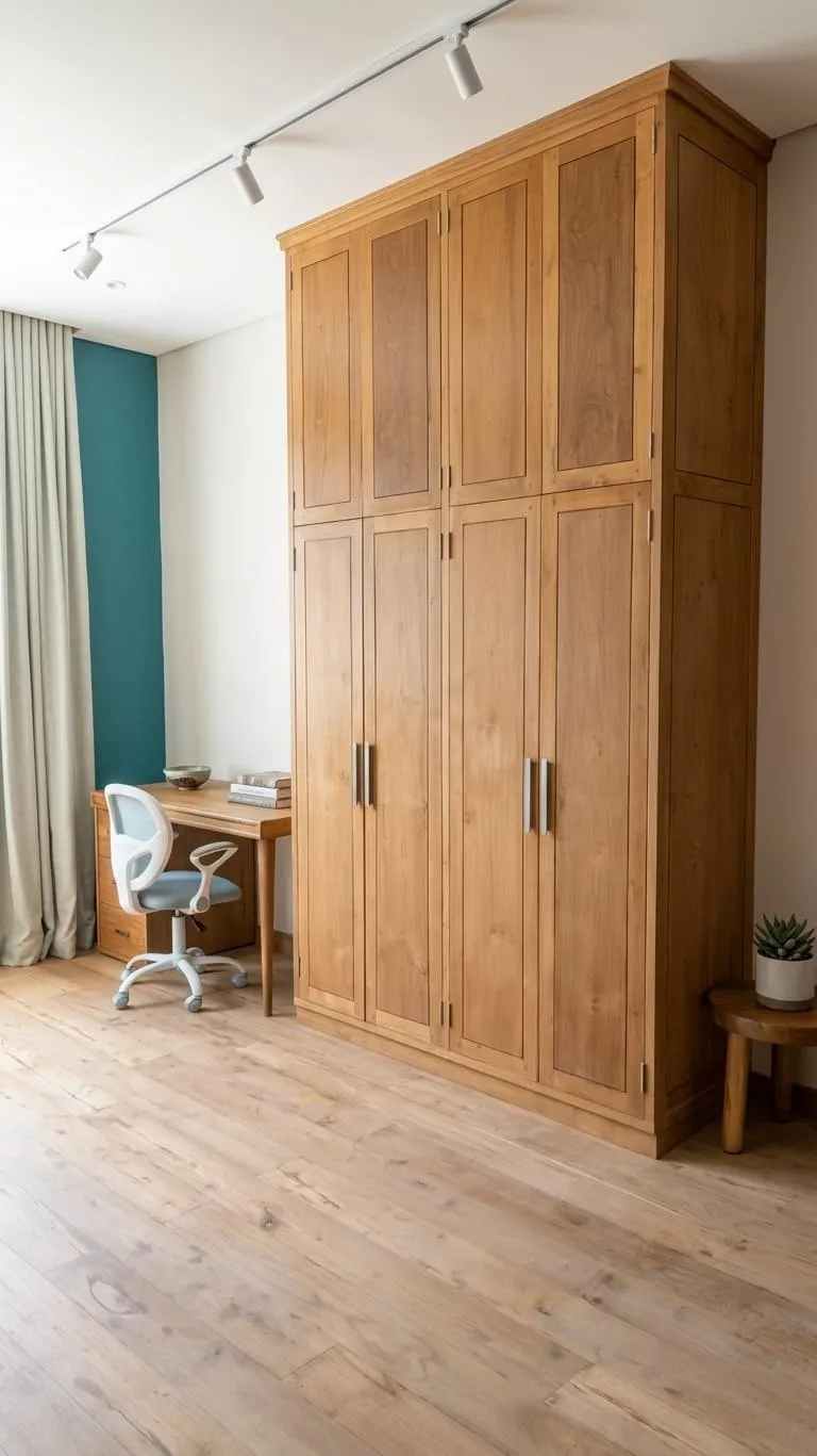 Full-height teak wardrobe with four doors.
