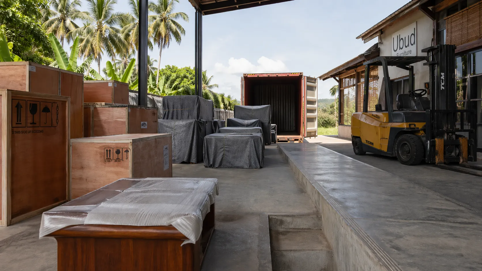 Container loading at Gede's workshop — furniture packed for sea freight from Bali