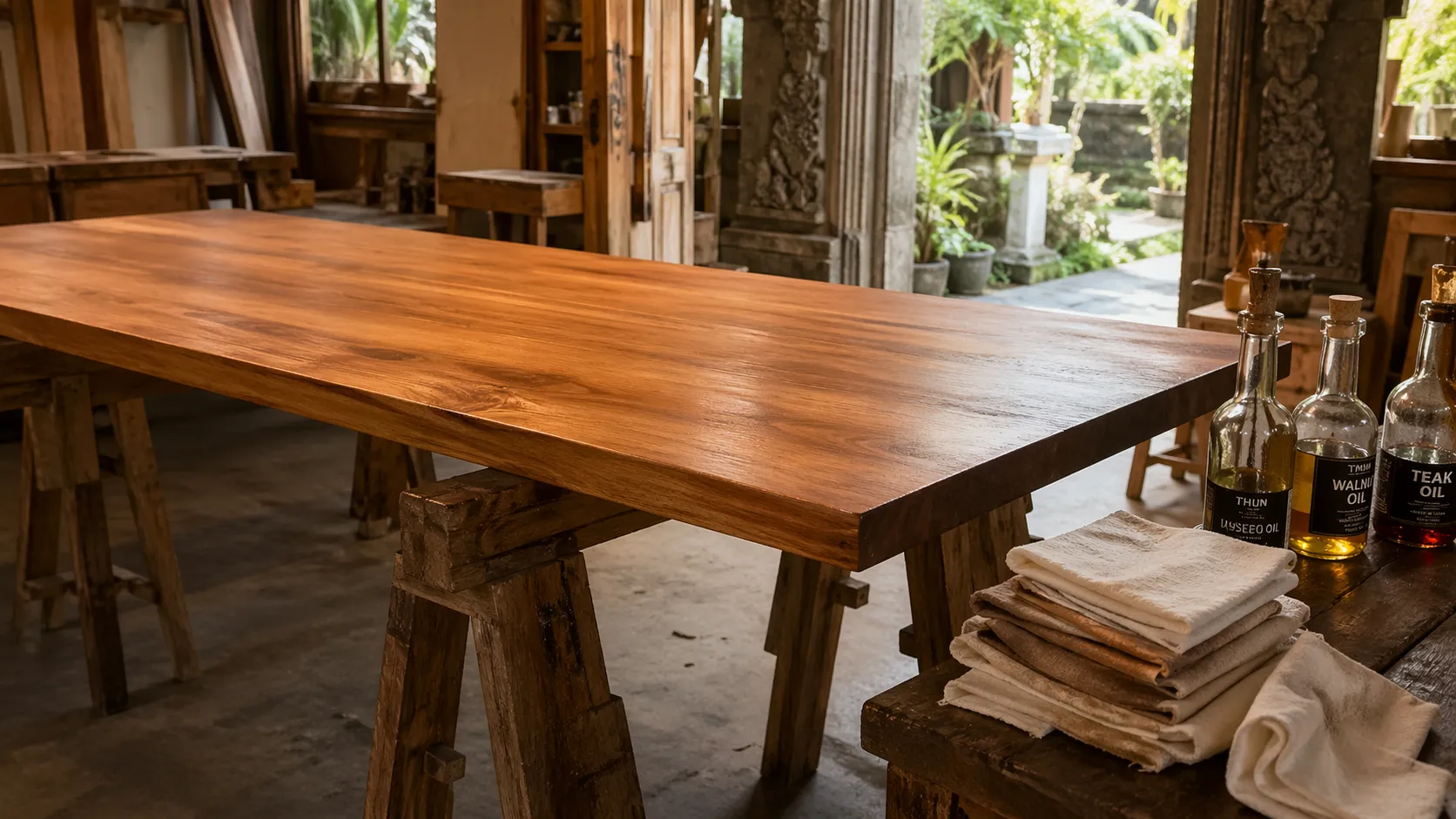 Finishing bay — teak furniture being oiled and lacquered before quality control