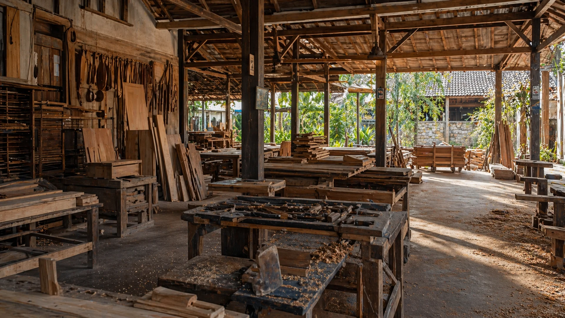 Interior of Gede's furniture workshop in Dalung, Bali — timber yard and joinery shop