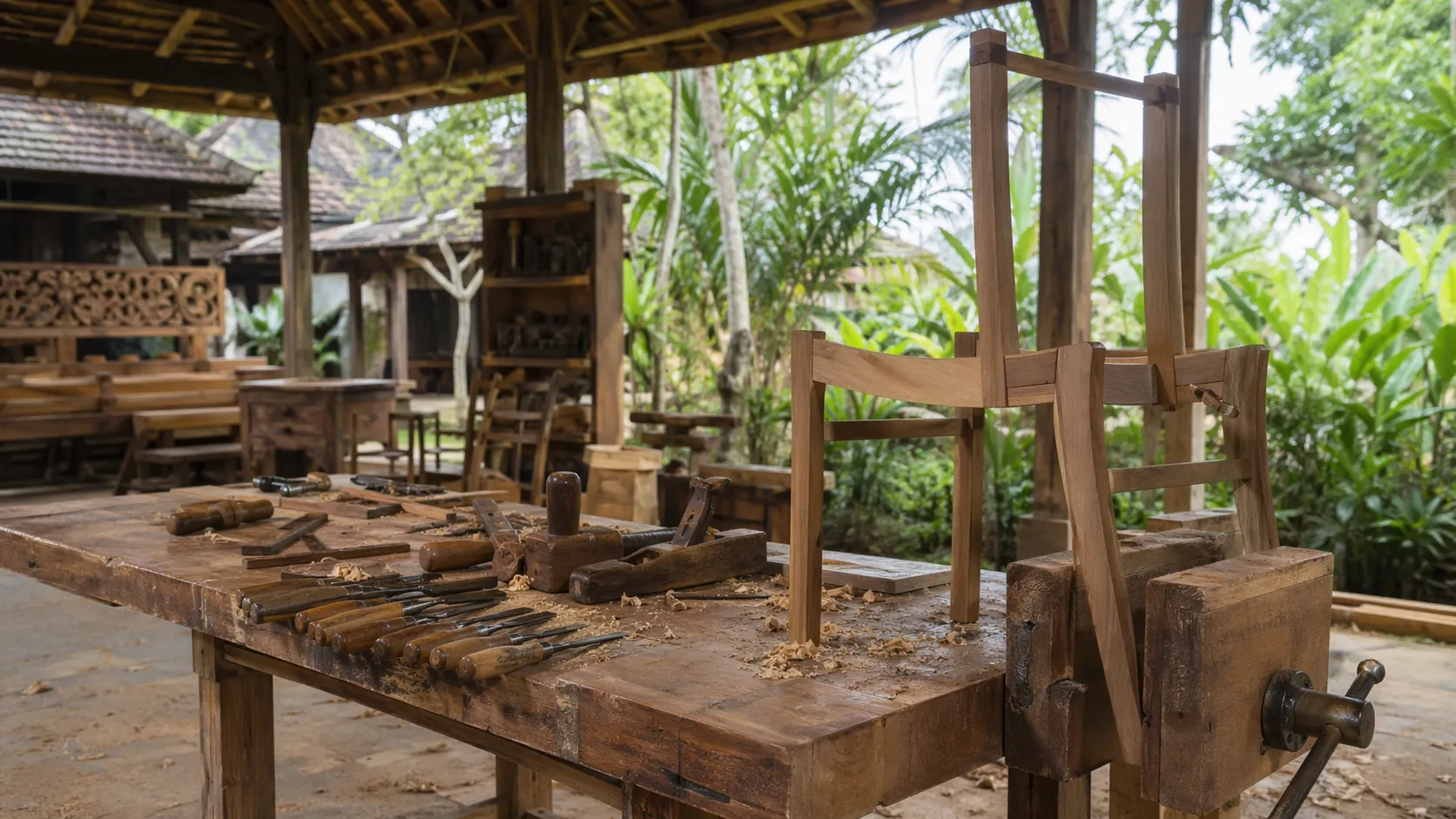 Joinery shop — craftsmen assembling teak furniture frames at the Dalung workshop