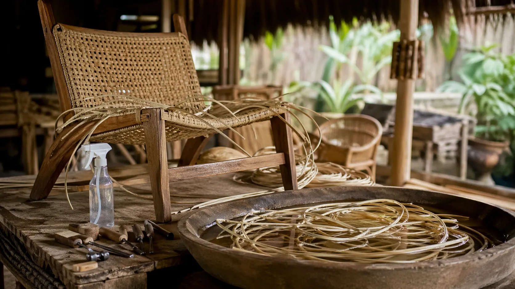 Rattan weaving at Gede's studio — peel rattan pattern work for lounge chairs