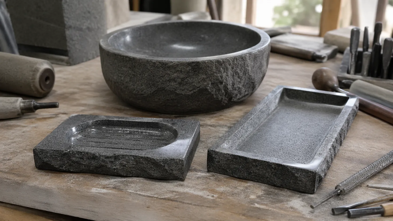Stone carving — craftsman hand-carving paras volcanic stone basin at Dalung studio