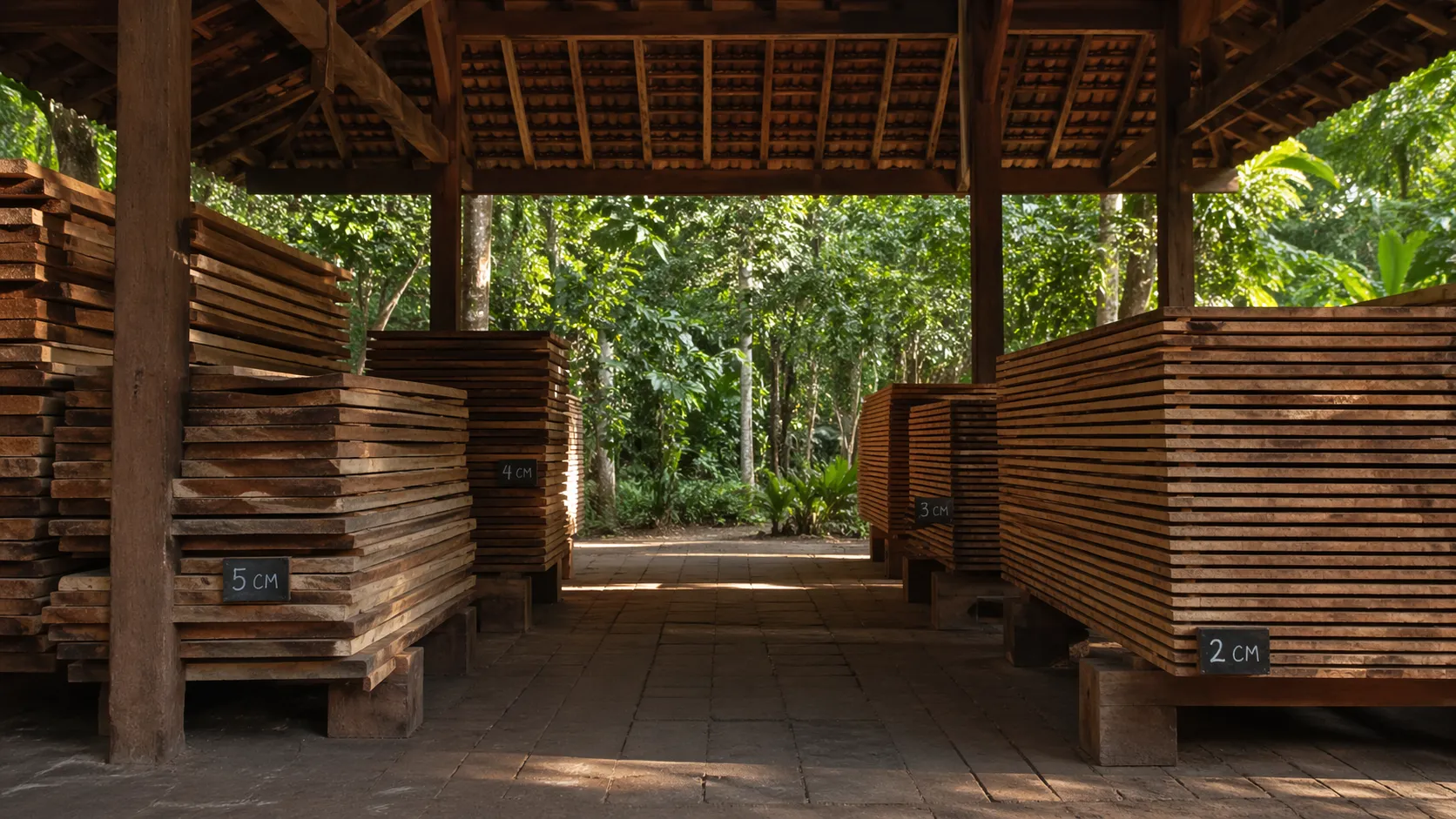 Timber yard at Gede's workshop — teak and reclaimed wood storage, Dalung, Bali