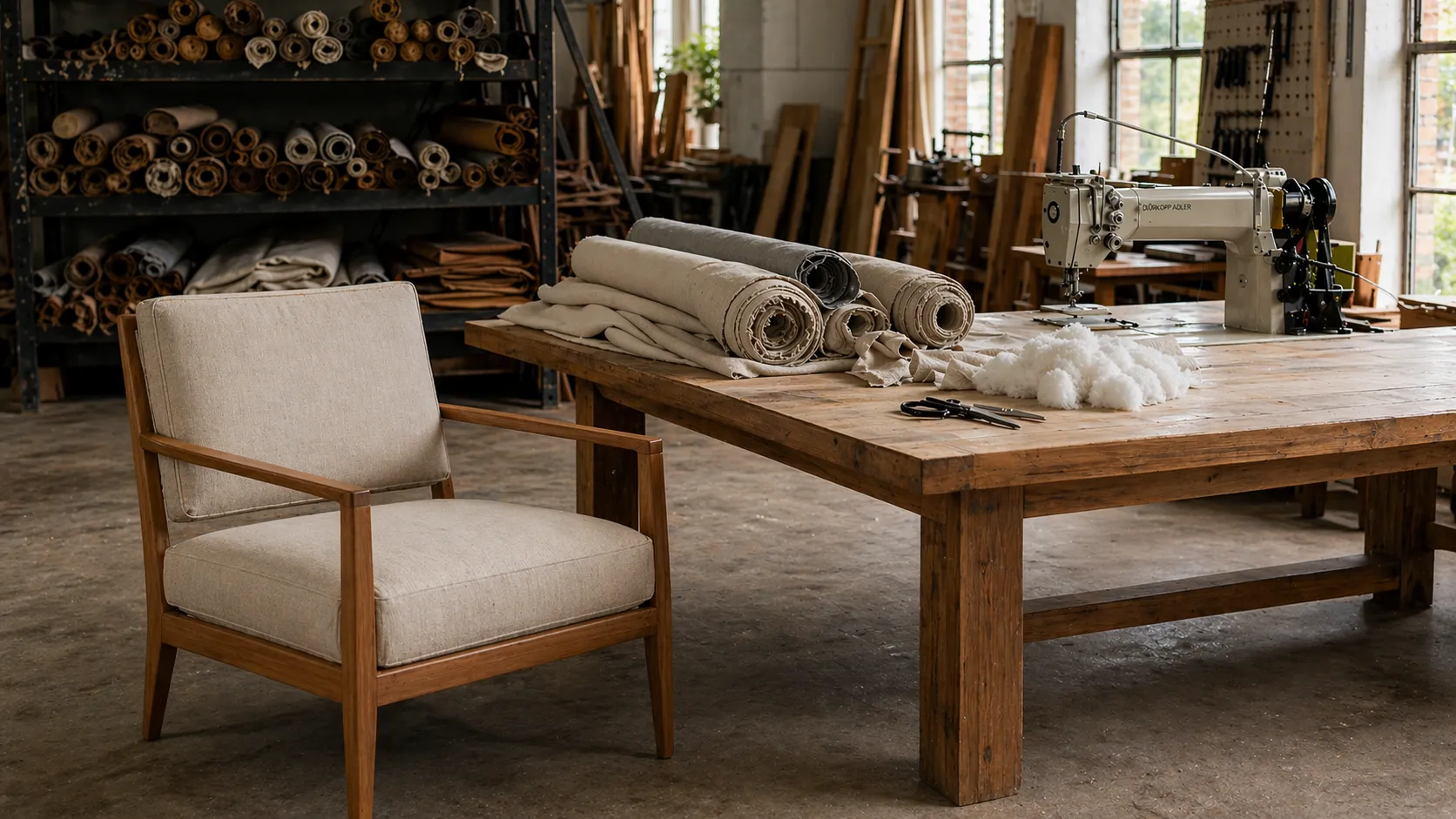 Upholstery workshop — fabric cutting and foam work for cushioned furniture pieces